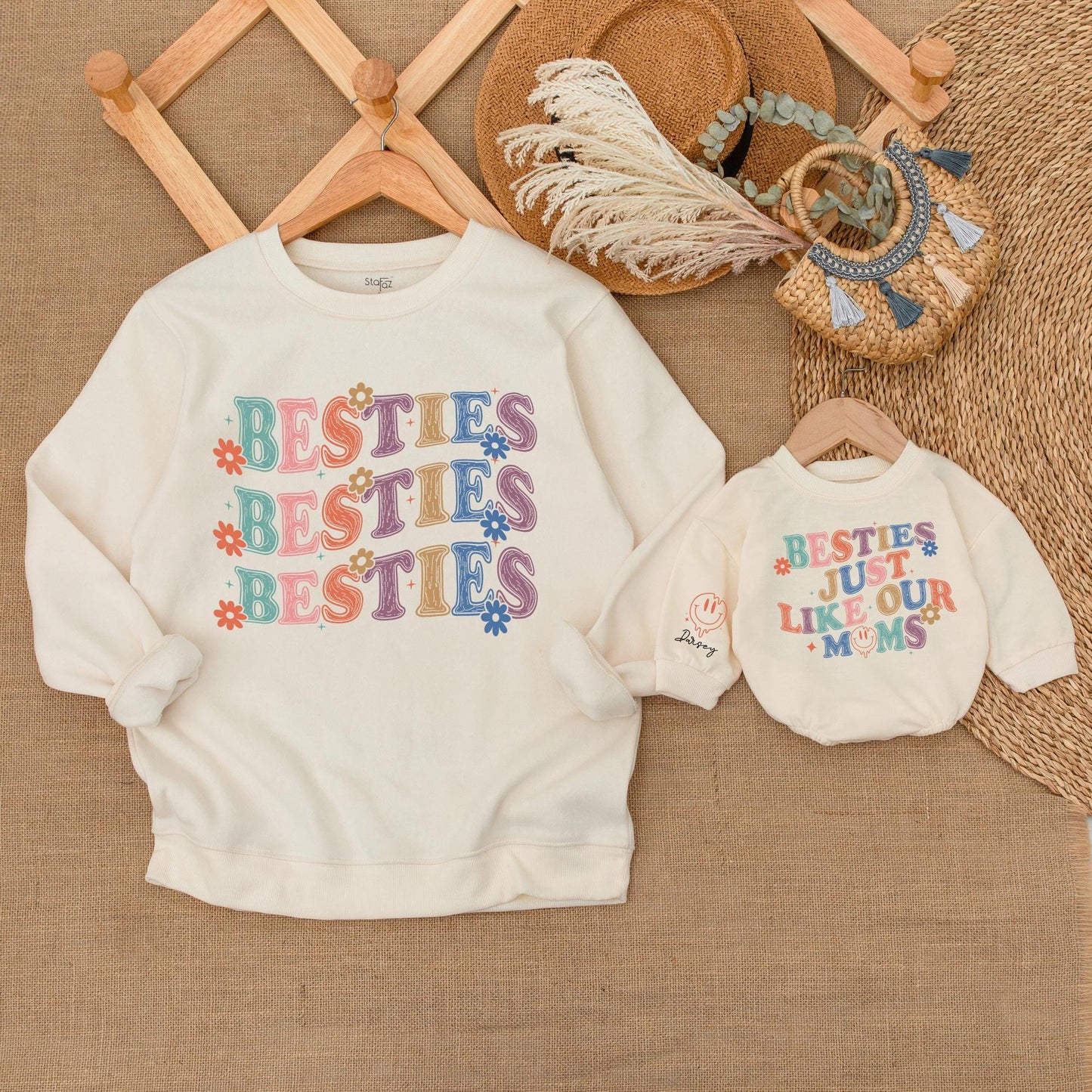 Retro Besties Sweatshirt Matching Baby Bodysuit Floral Playful Vibes Pink Orange Blue Purple Pastel Colors