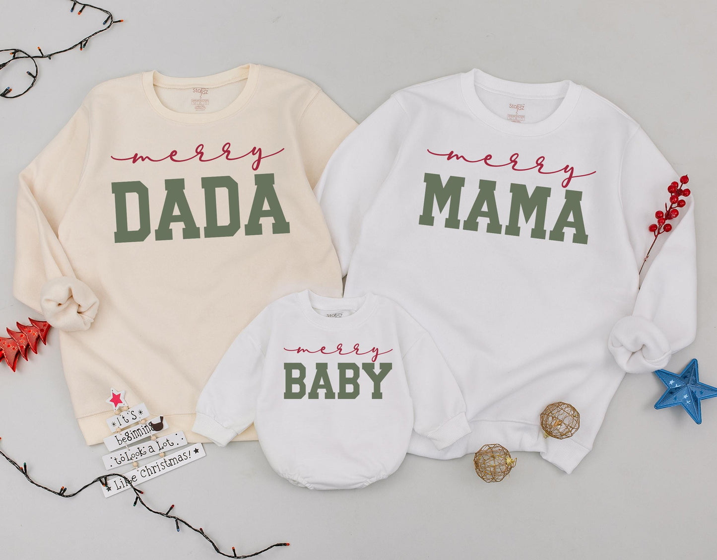 Matching Family Christmas Sweatshirts with Merry Mama Dada Baby Design Cozy Holiday Outfits Red Cursive Green Bold Font Comfortable Tops