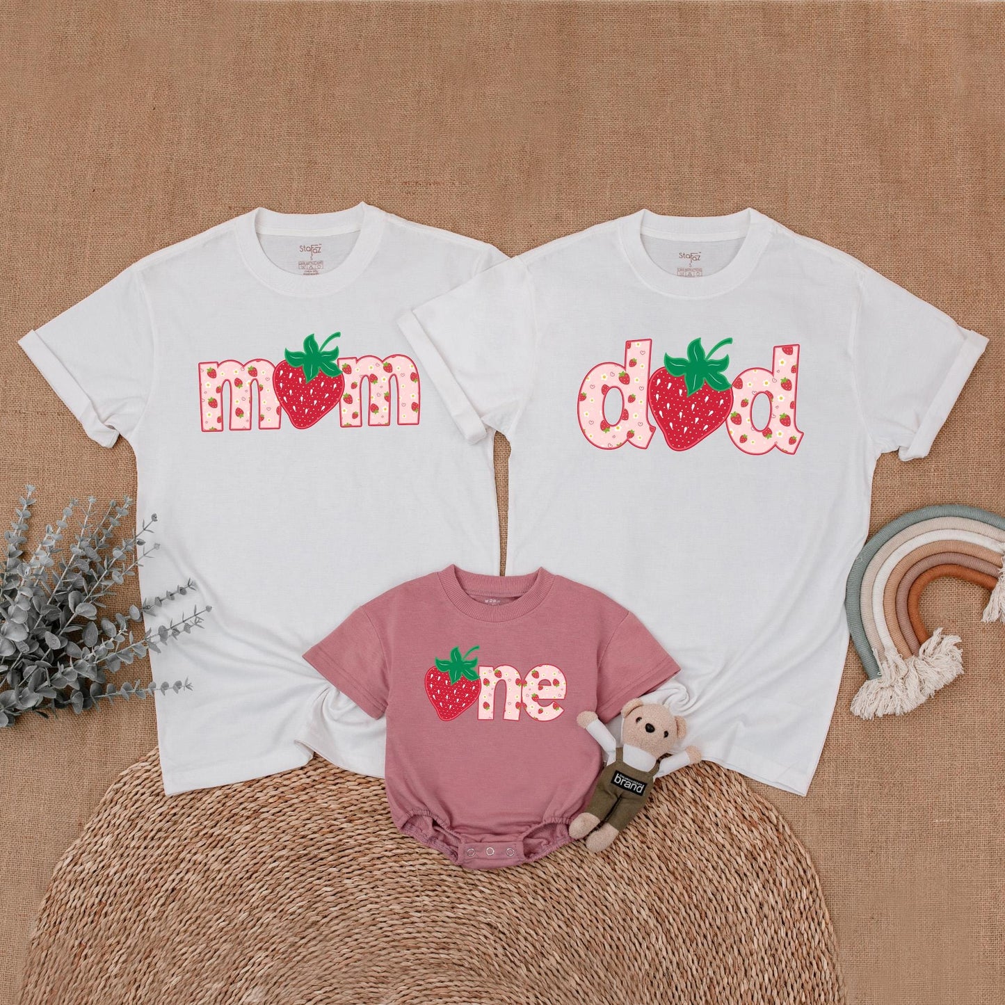 Berry Sweet First Birthday Family Matching Shirts & Romper Strawberry Design Mommy Dad Brother One Year Outfit