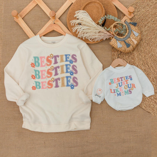 Retro Besties Sweatshirt Matching Baby Bodysuit Floral Playful Vibes Pink Orange Blue Purple Pastel Colors