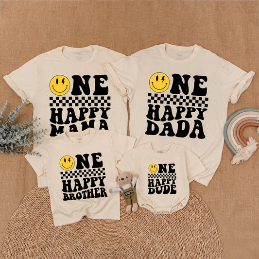 Matching Happy Face Birthday Family Shirts: One Cool Dude & Family Outfit, Retro Smiley Design, Custom Ages, Comfortable Cotton
