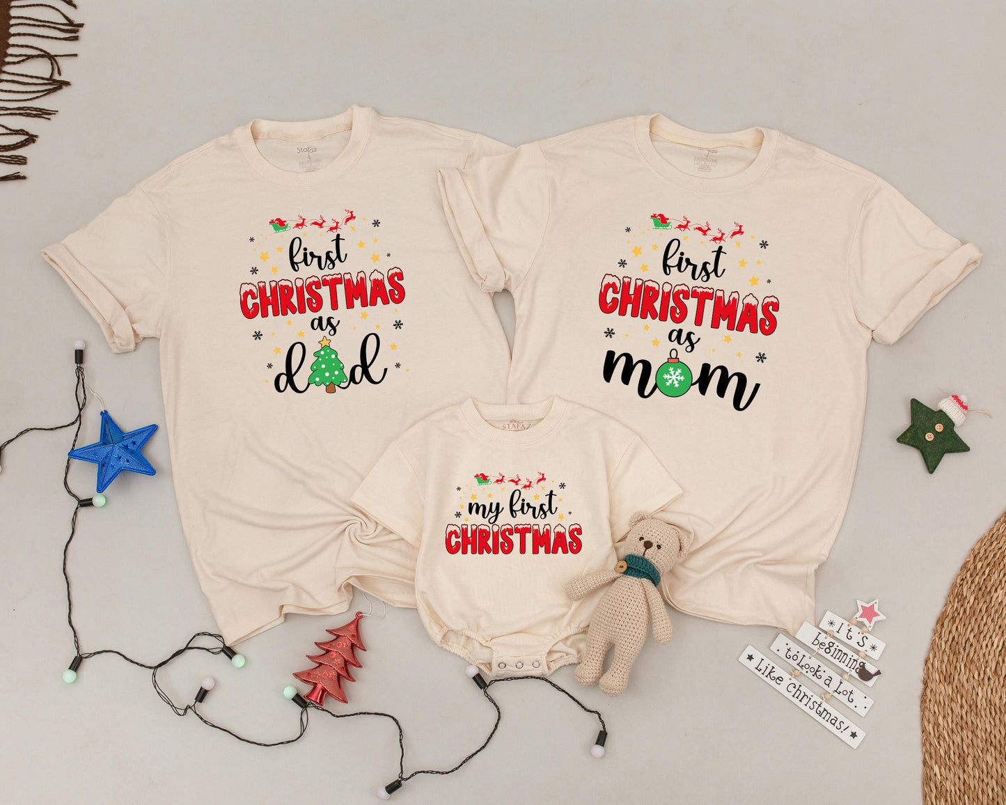 First Christmas as Dad Mom Baby Matching Shirts, Vintage Family Outfits, My 1st Christmas, Sleigh Reindeer Newborn Outfit, Holiday Celebration (136 chars)