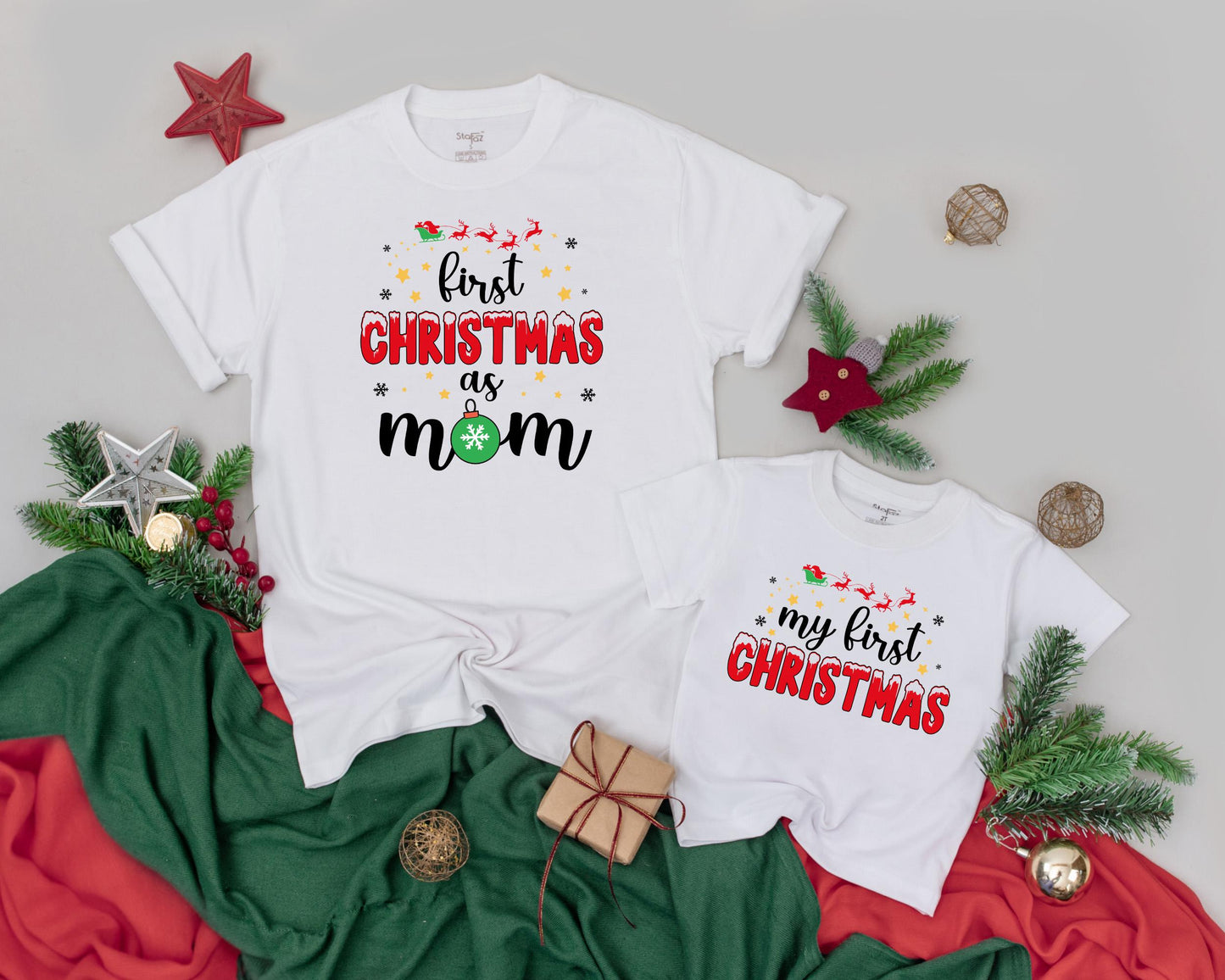 First Christmas as Dad Mom Baby Matching Shirts, Vintage Family Outfits, My 1st Christmas, Sleigh Reindeer Newborn Outfit, Holiday Celebration (136 chars)