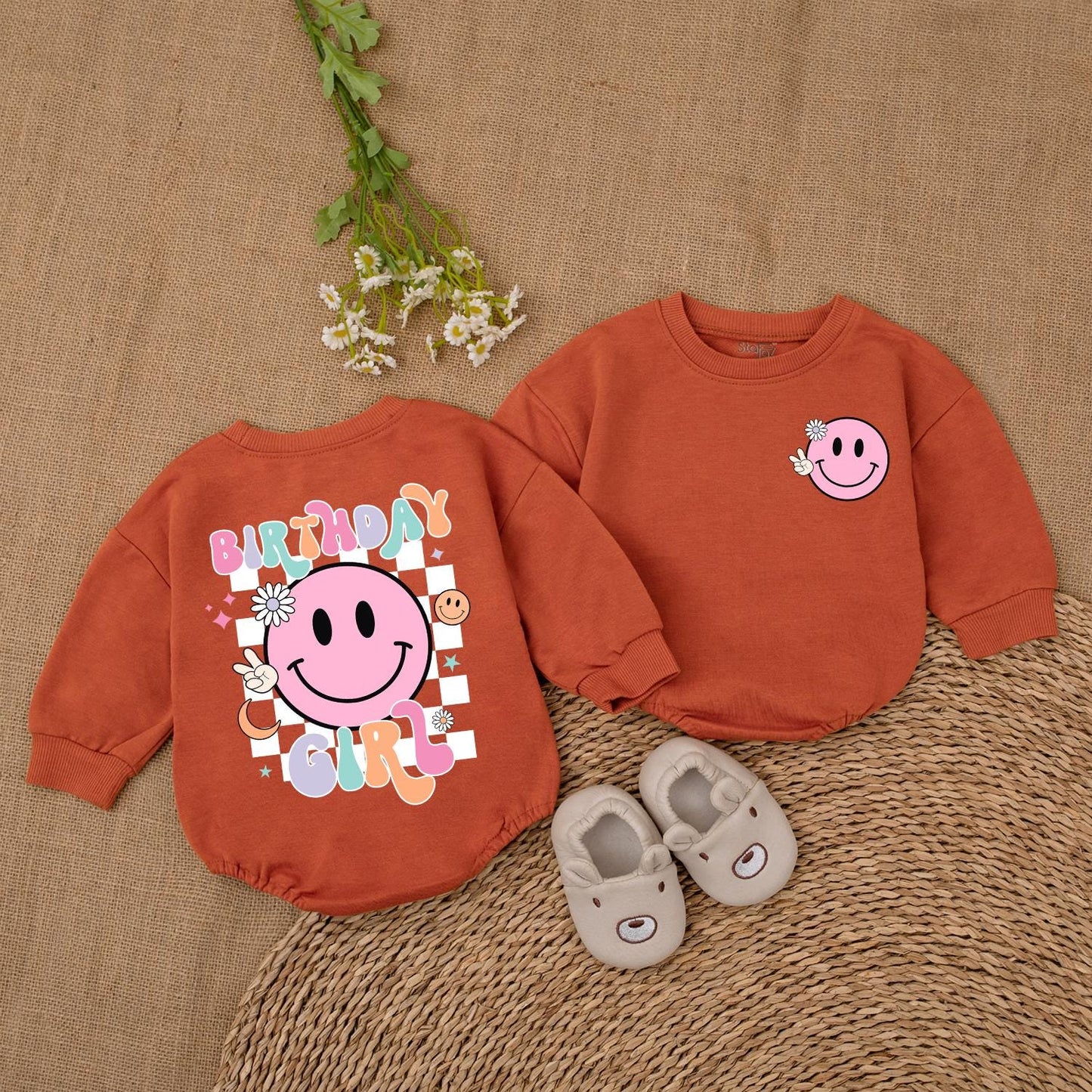 Birthday Girl Smiley Face Romper 1st Birthday Outfit Retro Fun Design Baby Girl Clothes Happy Birthday Girl Bodysuit Gift