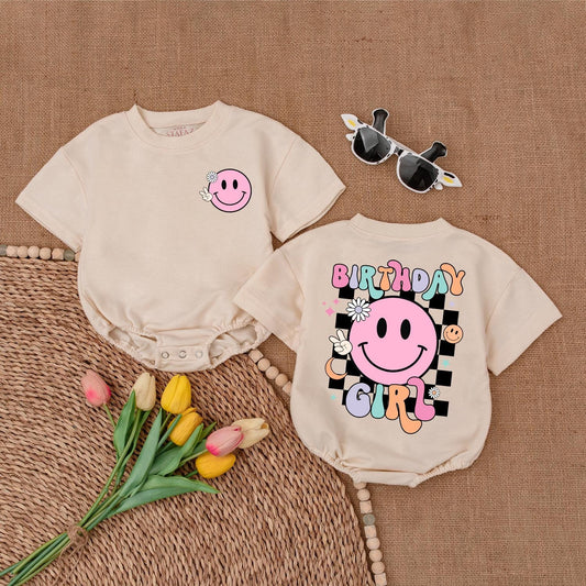 Birthday Girl Smiley Face Romper 1st Birthday Outfit Retro Fun Design Baby Girl Clothes Happy Birthday Girl Bodysuit Gift
