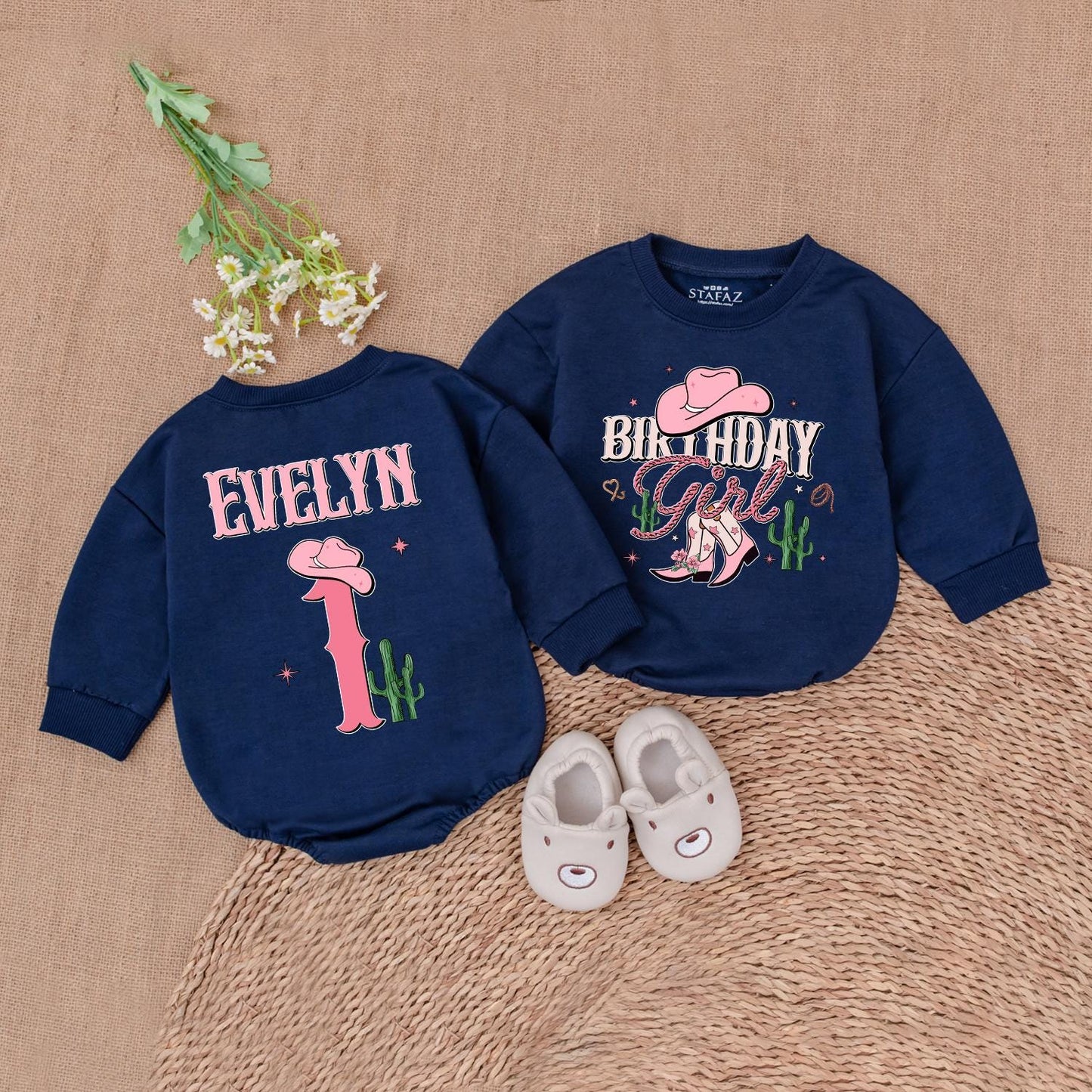 Birthday Girl Western Romper Cute Pink Cowboy Boots Cactus Stars Personalized First Rodeo Outfit