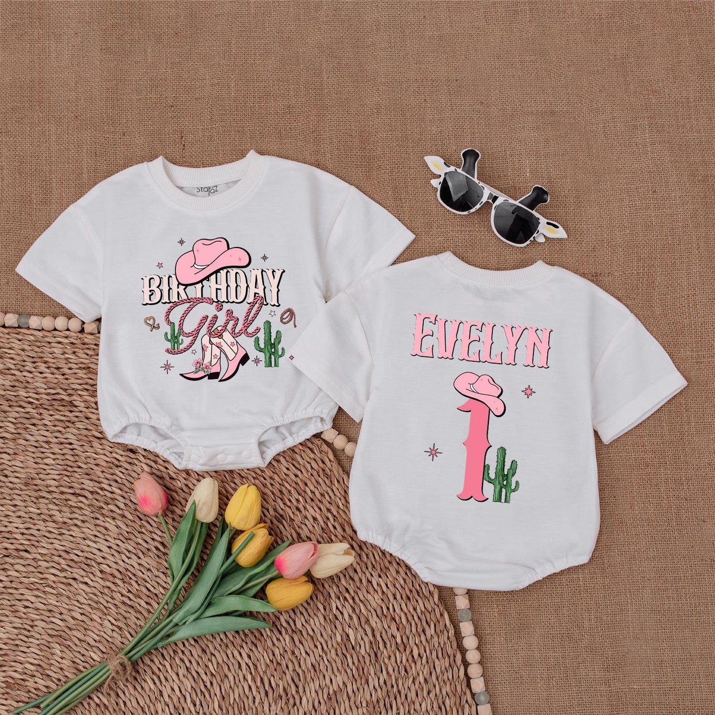 Birthday Girl Western Romper Cute Pink Cowboy Boots Cactus Stars Personalized First Rodeo Outfit