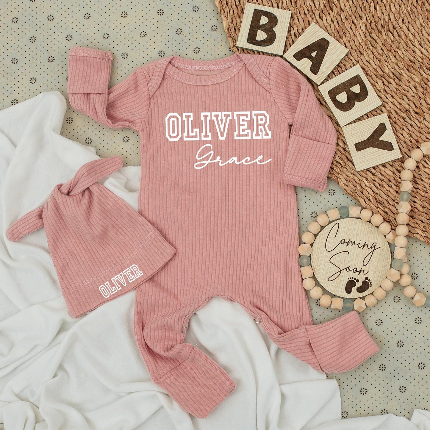 Personalized Modern First Middle Name Baby Bodysuit and Hat Set with Bold Black Text Design Newborn Shower Gift Long Sleeve Romper Infant Outfit