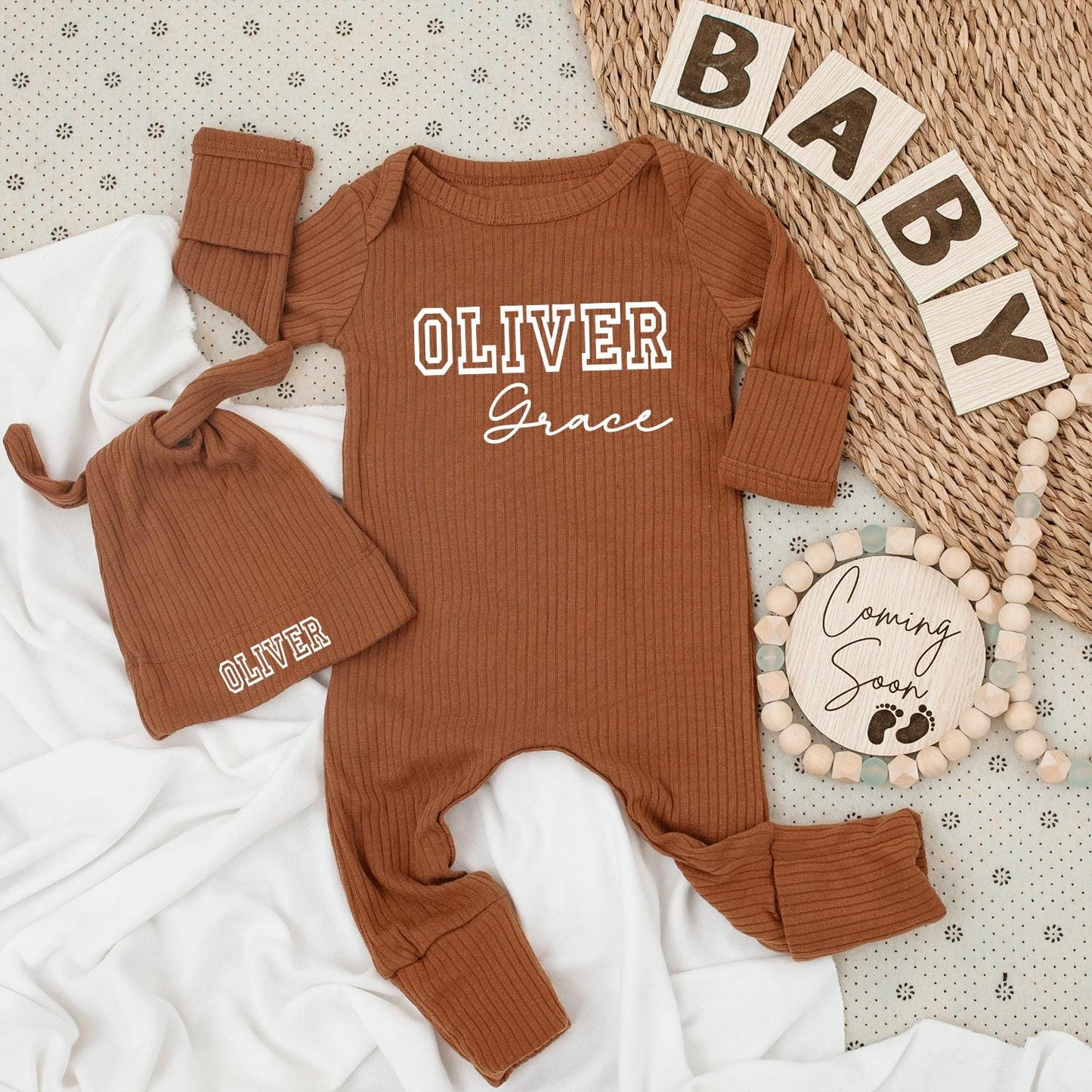 Personalized Modern First Middle Name Baby Bodysuit and Hat Set with Bold Black Text Design Newborn Shower Gift Long Sleeve Romper Infant Outfit
