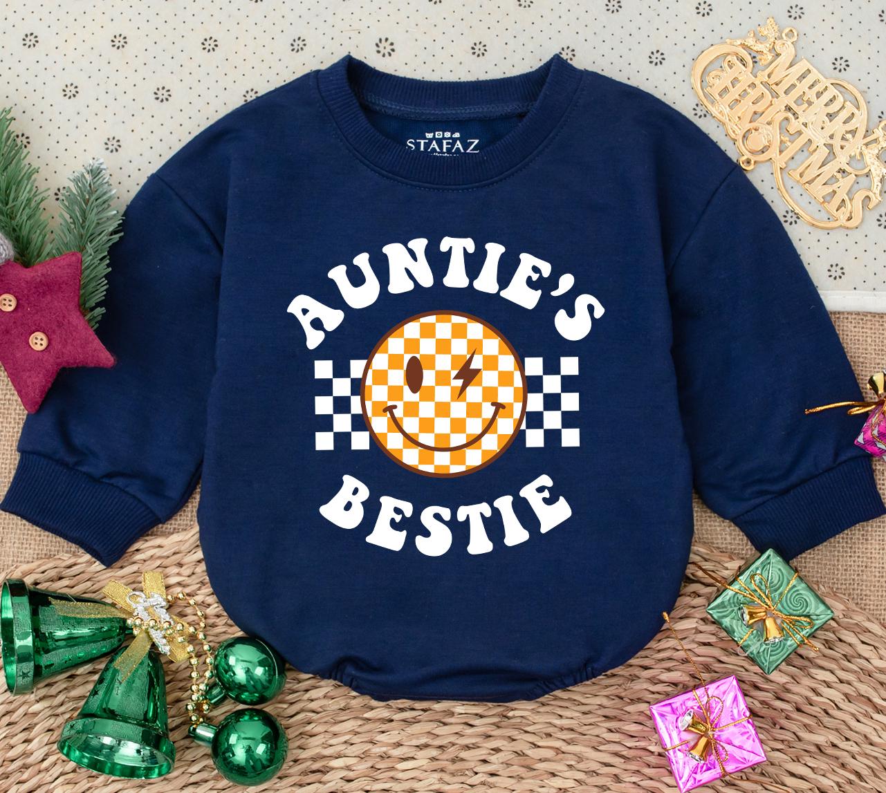 Auntie's Bestie Romper: Retro Checkerboard Smiley Face Newborn Outfit, Fun Baby Clothes Gift from Aunt, Pregnancy Announcement, Cute Auntie Baby Shirt (139 chars)