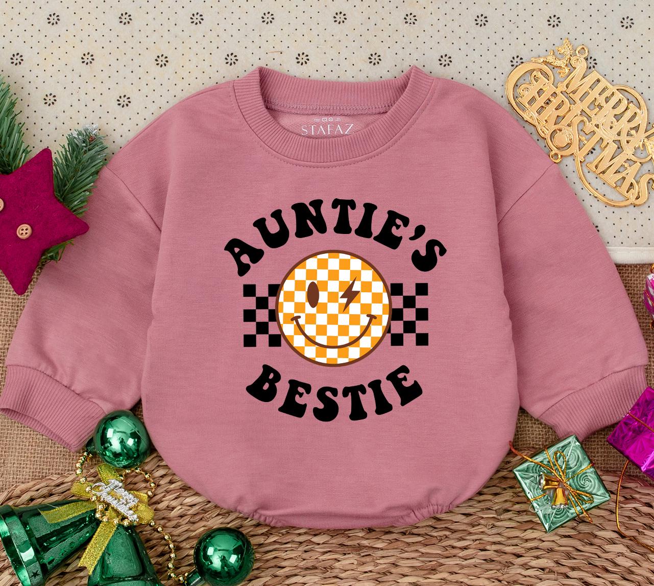 Auntie's Bestie Romper: Retro Checkerboard Smiley Face Newborn Outfit, Fun Baby Clothes Gift from Aunt, Pregnancy Announcement, Cute Auntie Baby Shirt (139 chars)