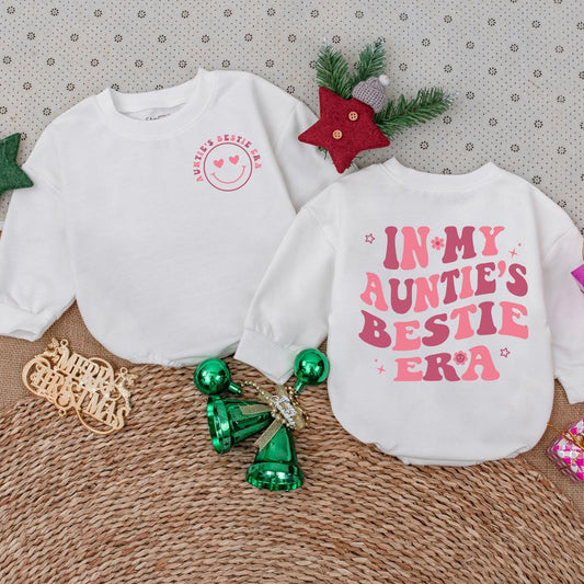 Auntie's Bestie Era Baby Romper Set, Pink Retro Font Newborn Outfit, Auntie's Girl Sweatshirt, Trendy Baby Shower Gift,  Infant Clothes 139