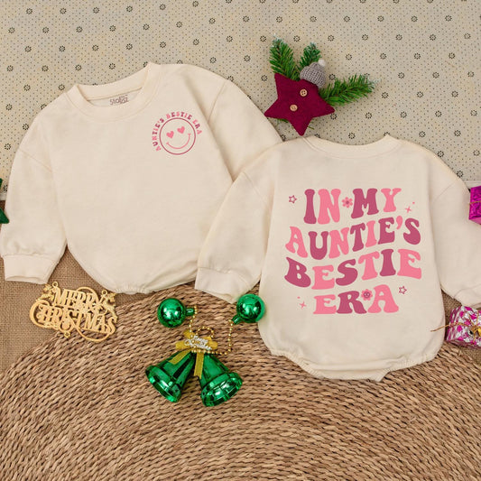Auntie's Bestie Era Baby Romper Set, Pink Retro Font Newborn Outfit, Auntie's Girl Sweatshirt, Trendy Baby Shower Gift,  Infant Clothes 139