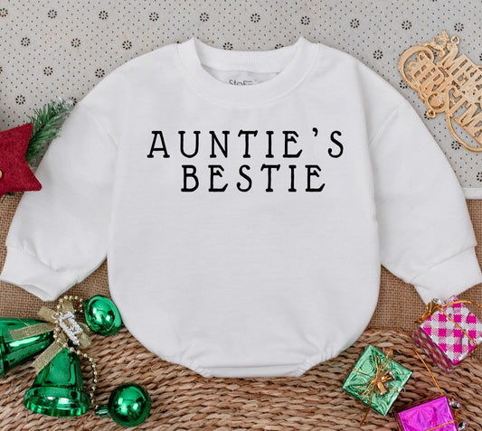 Auntie's Bestie Newborn Romper cute gender neutral baby outfit with bold black text perfect pregnancy announcement or shower gift