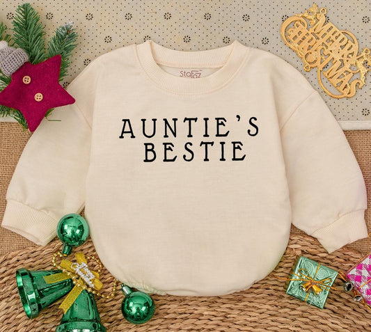 Auntie's Bestie Newborn Romper cute gender neutral baby outfit with bold black text perfect pregnancy announcement or shower gift