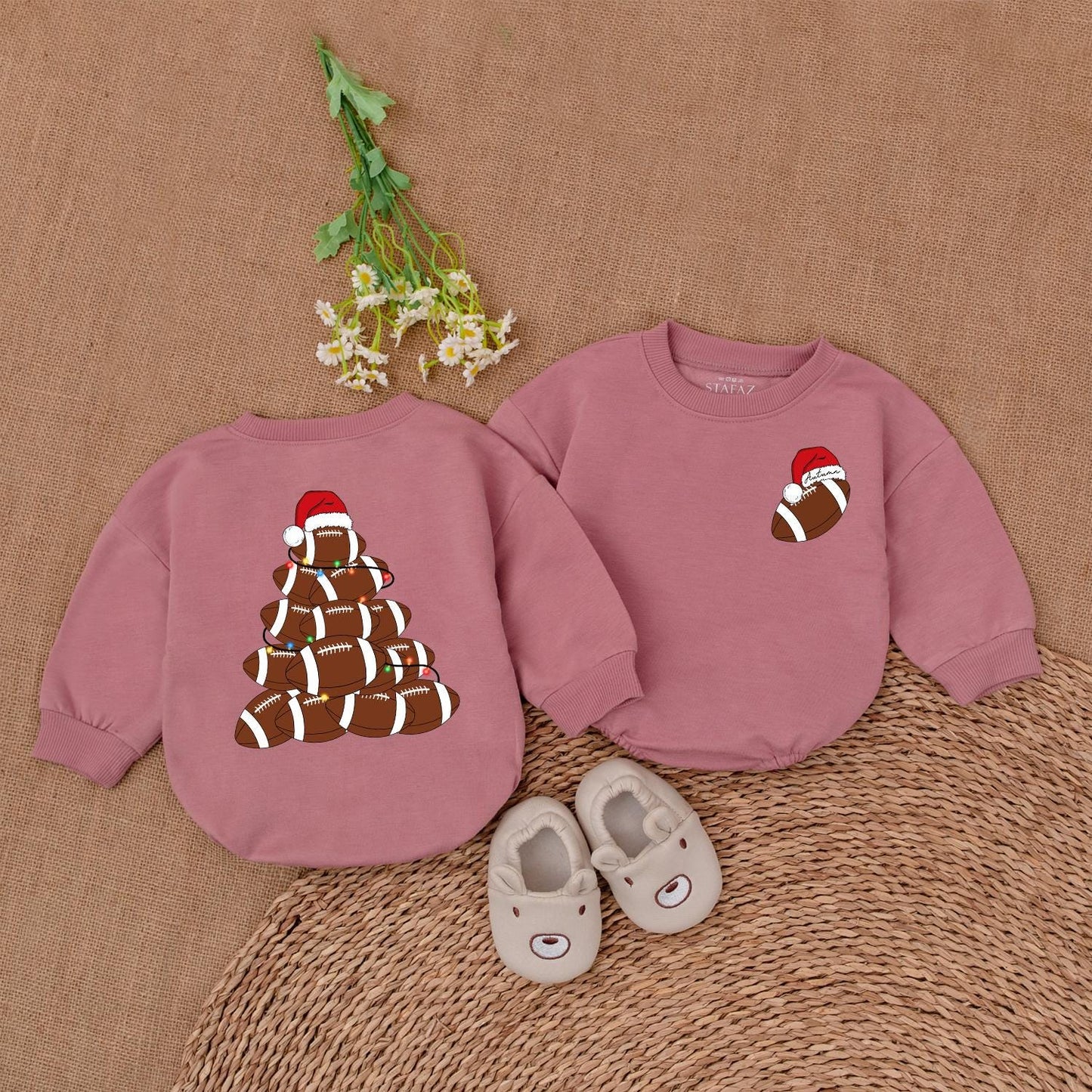 Personalized Baby Football Christmas Tree Romper First Christmas Outfit Festive Lights Santa Hat Playful Design Newborn Boy Girl Shower Gift Trendy