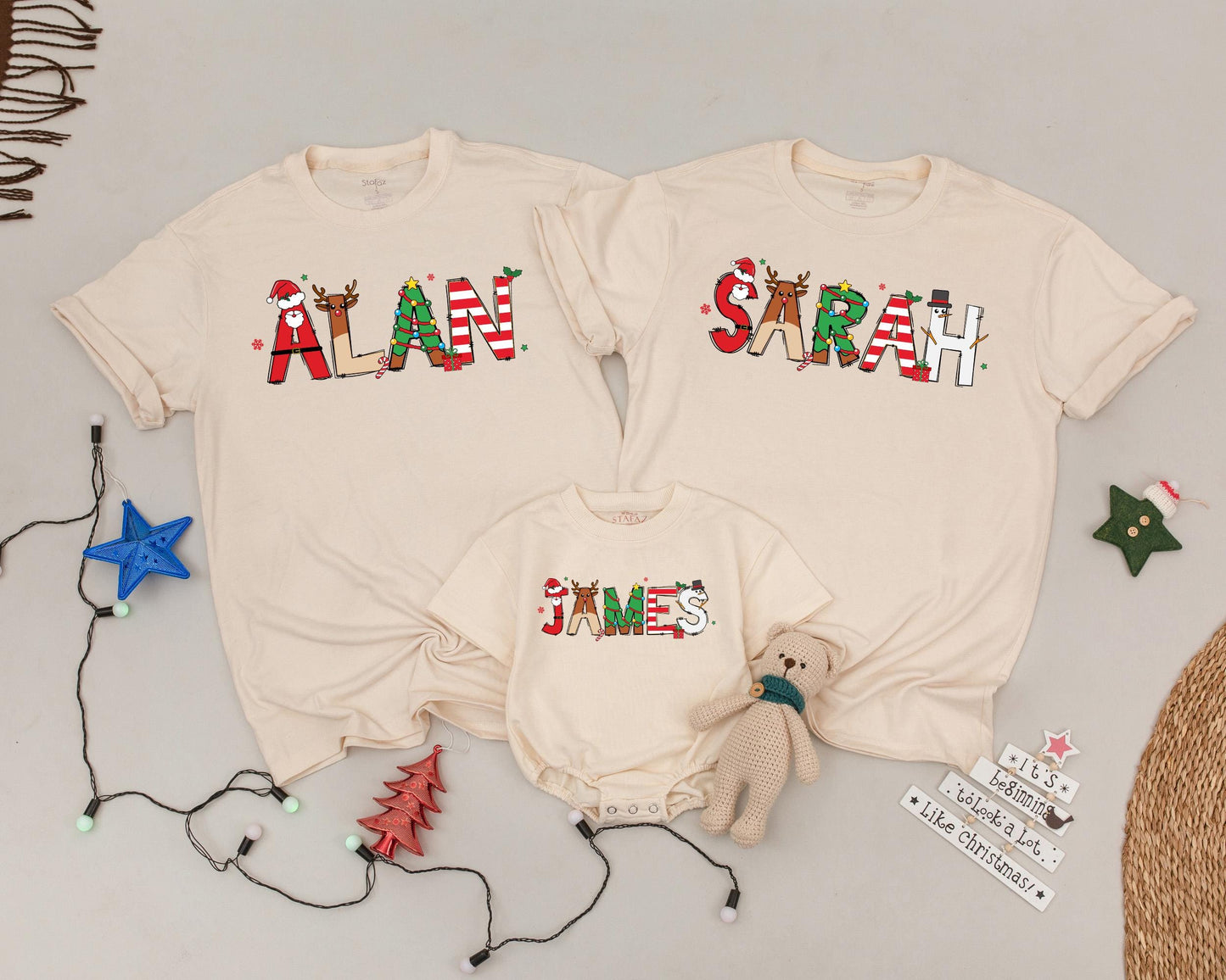 Retro Christmas Family Shirts Personalized Name Outfits, Festive Block Letter Design, Baby Announcement Matching Group, First Christmas, Mom and Baby, Vintage Holiday (139)
