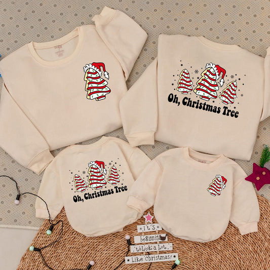 Oh Christmas Tree Matching Family Sweatshirt Romper Toddler Sweater with Retro Frosted Cake Trees, Santa Hat, Black White Red Green Sprinkles