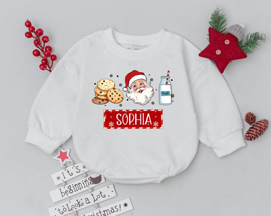 Personalized Christmas Baby Romper with Festive Santa Cookies & Milk Design, Toddler Infant Holiday Outfit for First Christmas Celebration