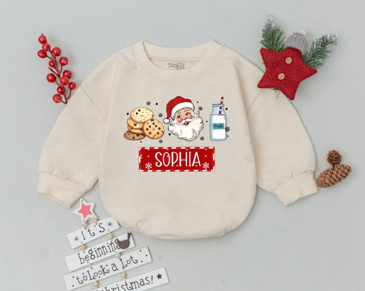 Personalized Christmas Baby Romper with Festive Santa Cookies & Milk Design, Toddler Infant Holiday Outfit for First Christmas Celebration