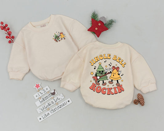 Jingle Bell Rockin' Retro Baby Bubble Romper First Christmas Outfit Vintage Tree Guitar Rock On Hand Newborn Shower Gift Idea for Infants