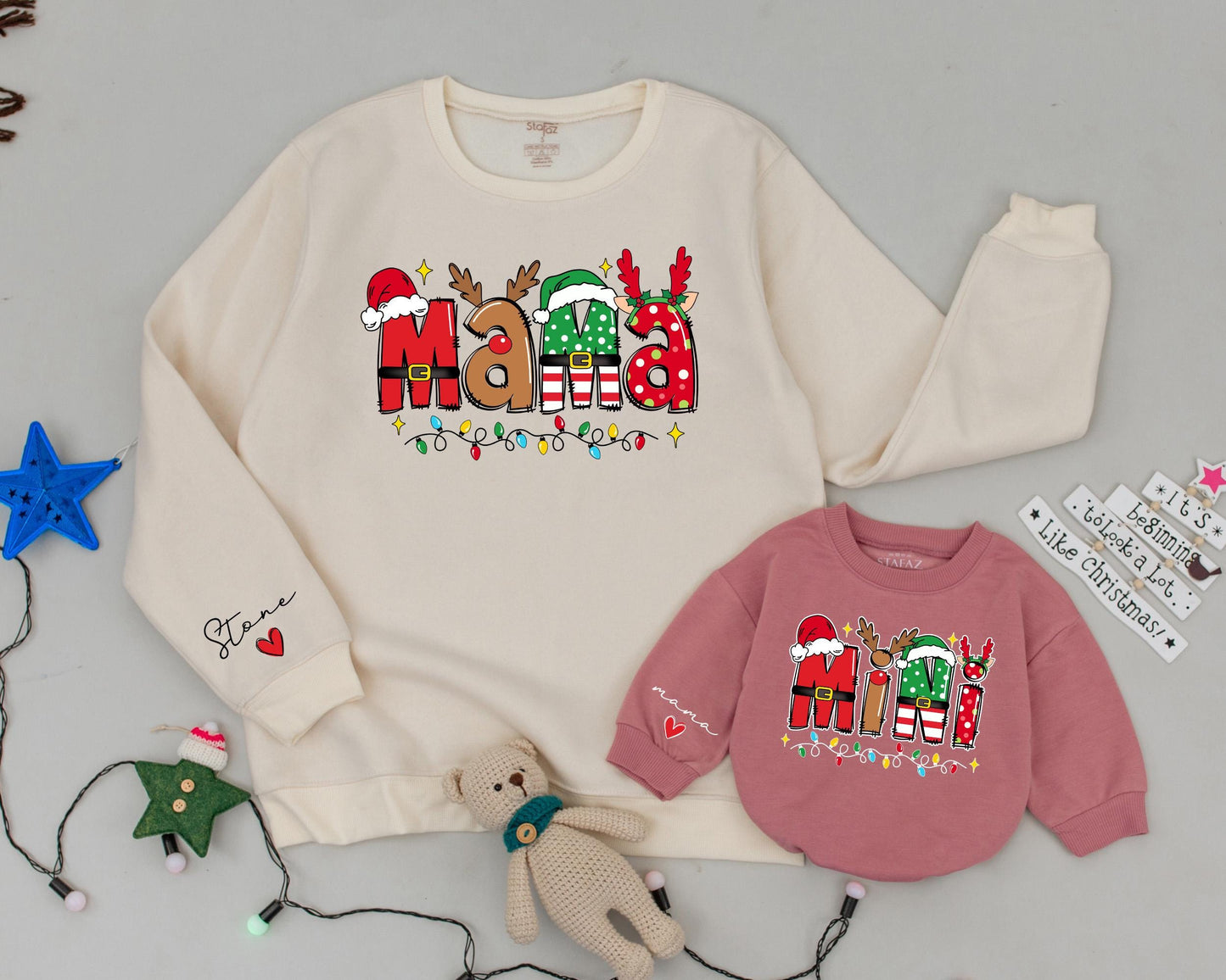 Retro Christmas Matching Sweatshirts Mama and Mini Custom Name Family Outfit Mommy and Me Sweaters Daughter Kid Sweater Vintage Christmas Gift (139 chars)