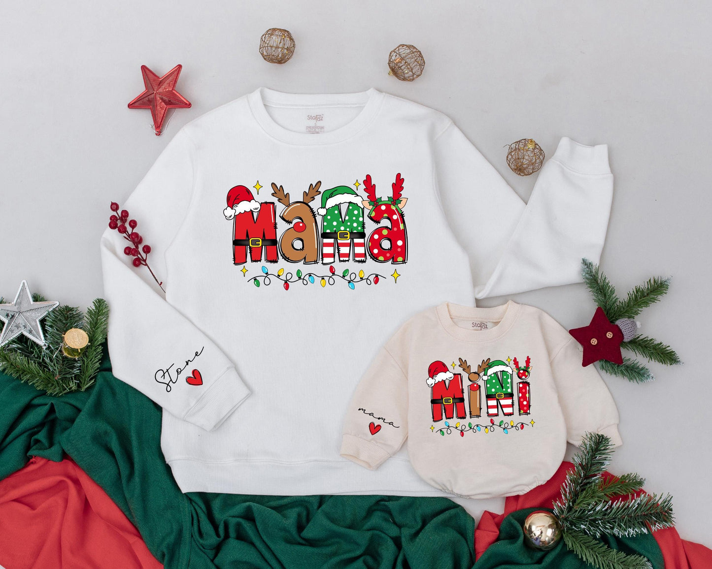 Retro Christmas Matching Sweatshirts Mama and Mini Custom Name Family Outfit Mommy and Me Sweaters Daughter Kid Sweater Vintage Christmas Gift (139 chars)
