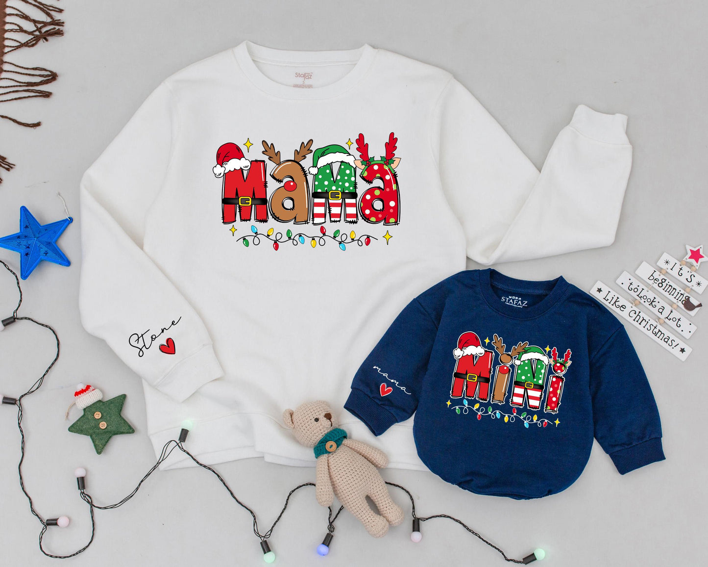 Retro Christmas Matching Sweatshirts Mama and Mini Custom Name Family Outfit Mommy and Me Sweaters Daughter Kid Sweater Vintage Christmas Gift (139 chars)