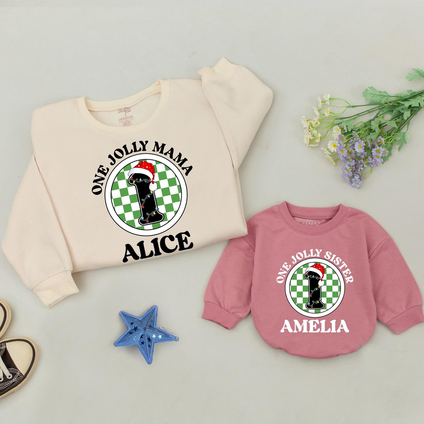 Personalized Holly Jolly Family Christmas Sweatshirt & Baby Romper Set, Custom Name New Parents Holiday Outfit Gift