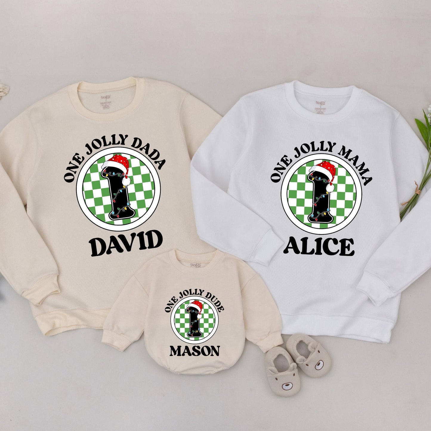 Personalized Holly Jolly Family Christmas Sweatshirt & Baby Romper Set, Custom Name New Parents Holiday Outfit Gift