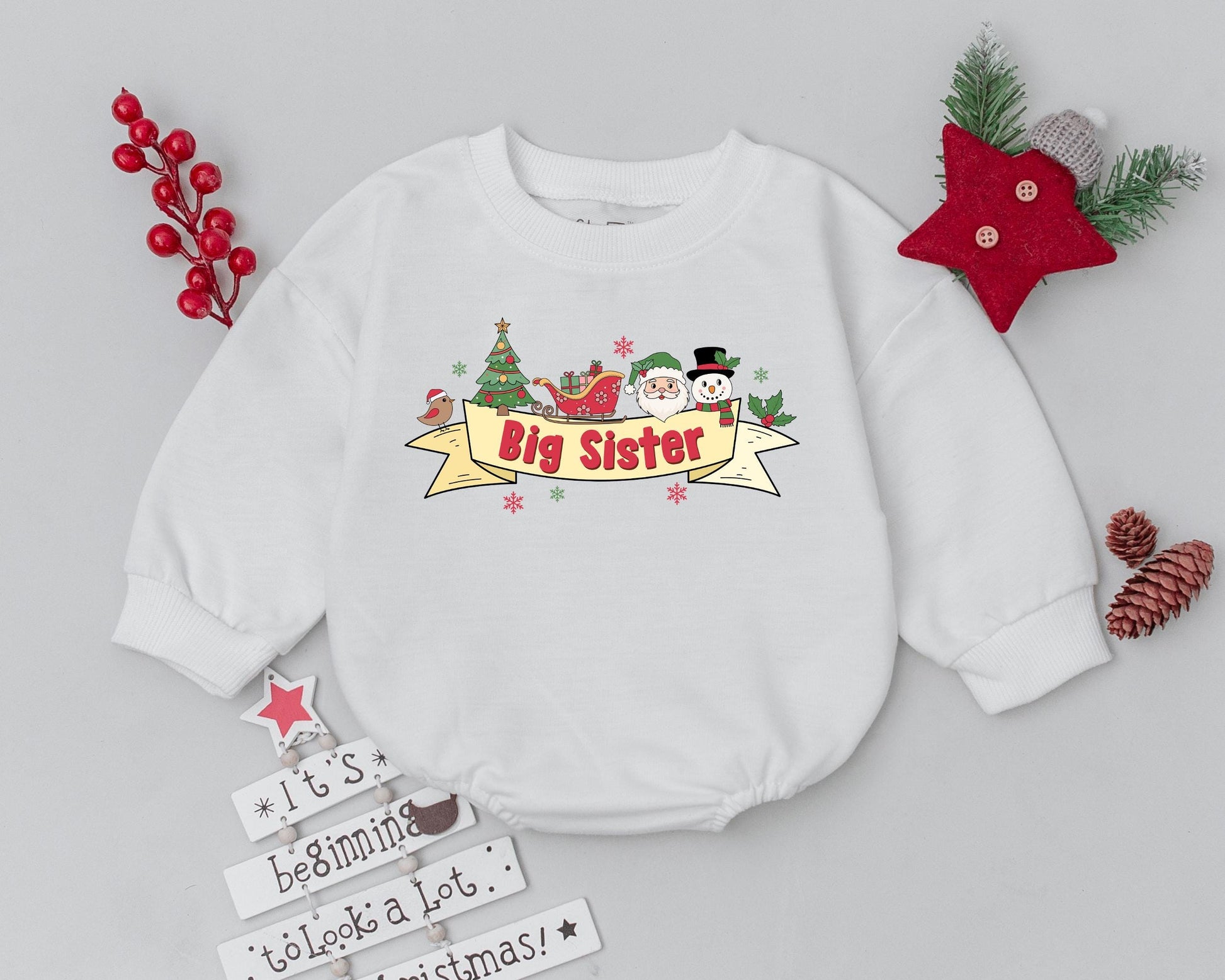Big Brother Little Sister Matching Christmas Outfit Baby Toddler Infant Festive Holiday Santa Snowman Tree Sleigh Design Bodysuit Romper Apparel Gift