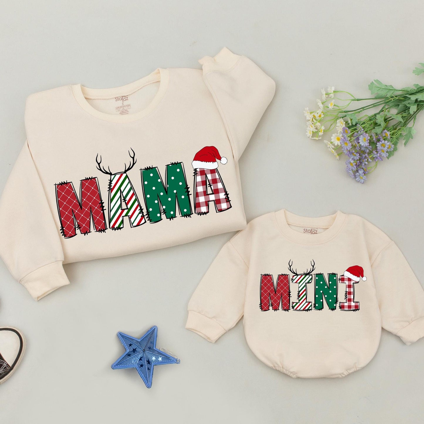 Personalized Christmas Family Matching Sweaters Rompers for Mama Dada Mini Festive Plaid Polka Dot Striped Antler Santa Hat Baby Outfits New Parents Gifts
