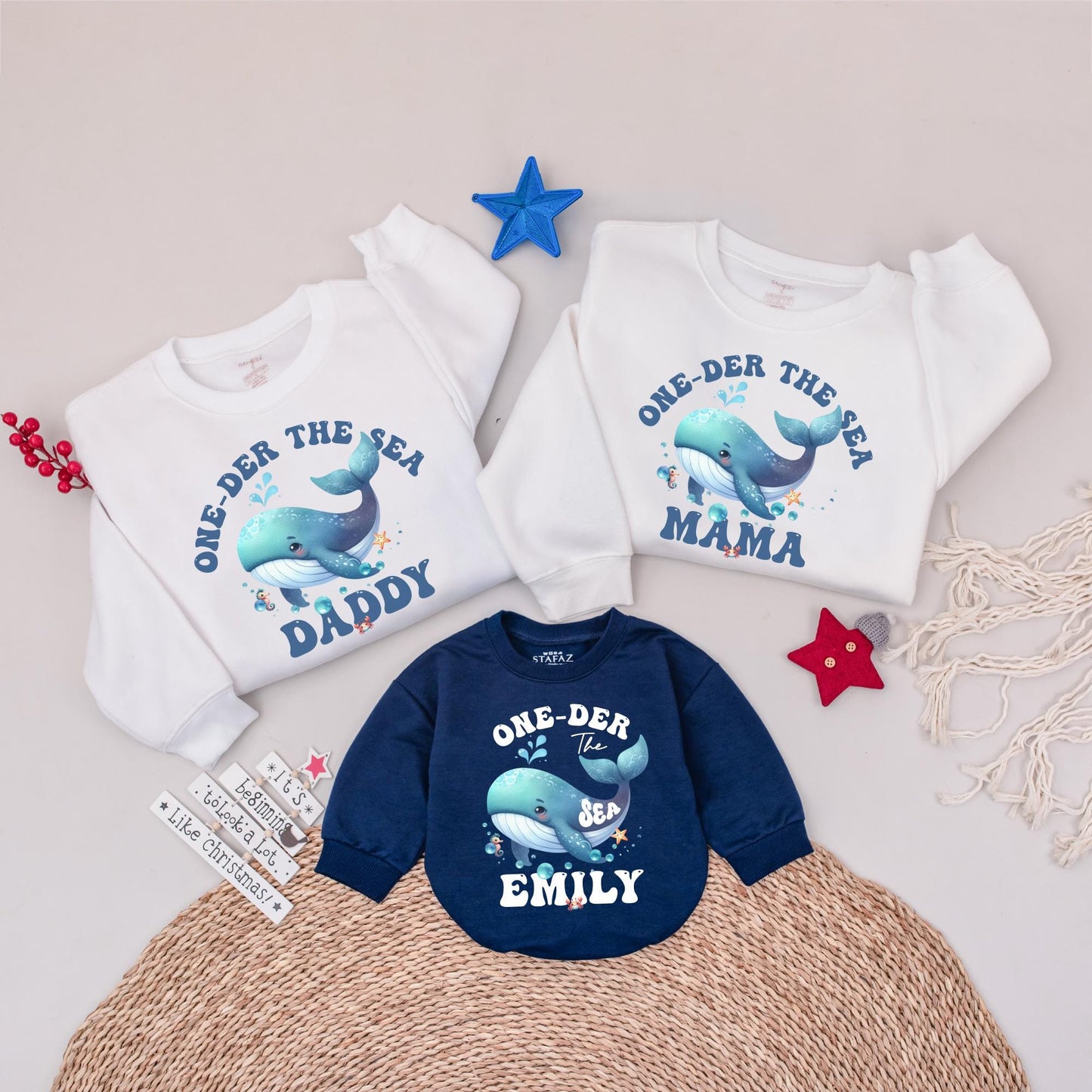 One-der The Sea Matching Family Birthday Sweatshirts, Cute Whale 1st Birthday Outfit, Personalized Ocean Party Shirts for Daddy, Mama, Emily 138 chars