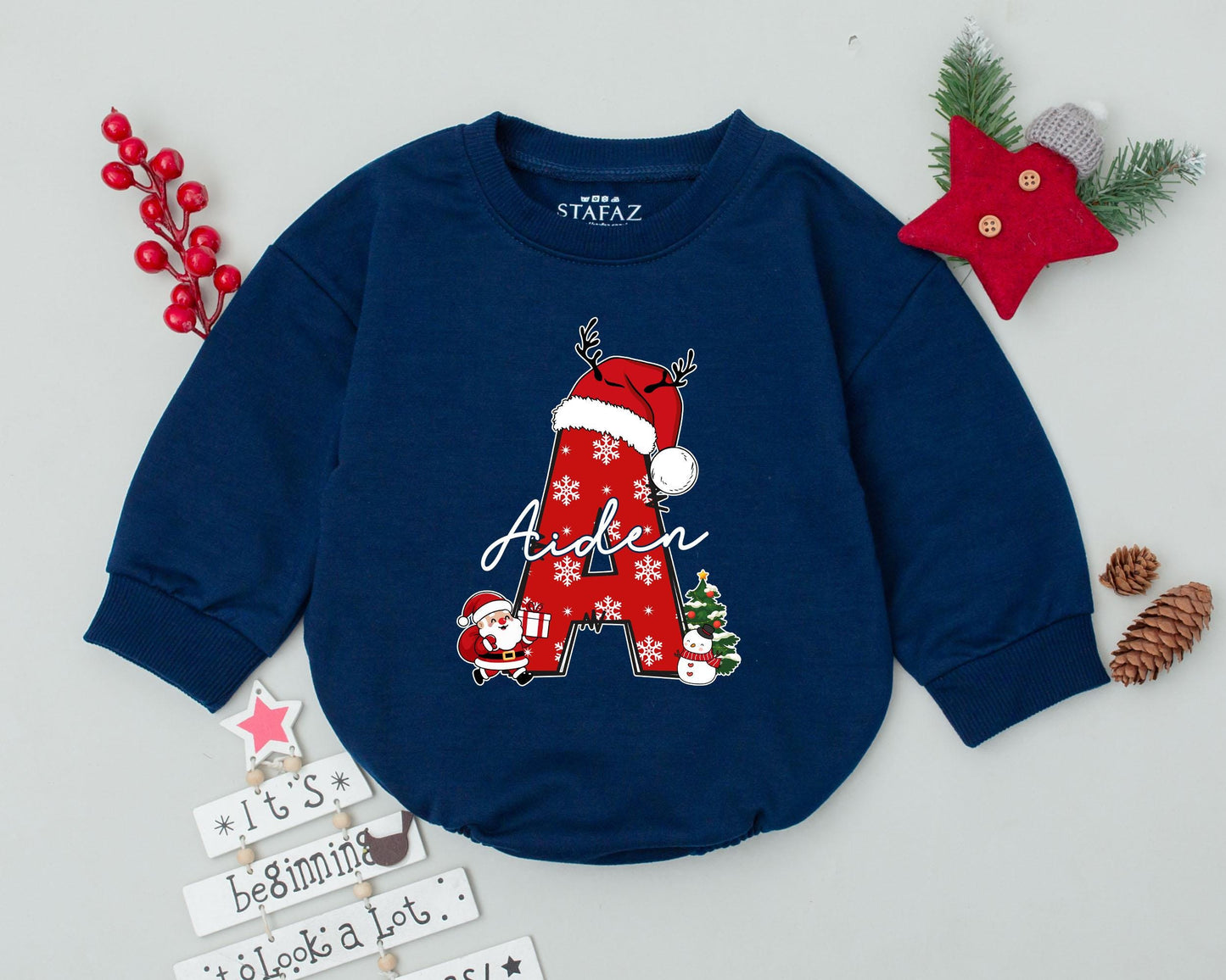 Personalized Peter Initial P My First Christmas Baby Romper Festive Red Letter Santa Hat Antlers Snowman Christmas Tree Holiday Outfit Infant Clothing Gift