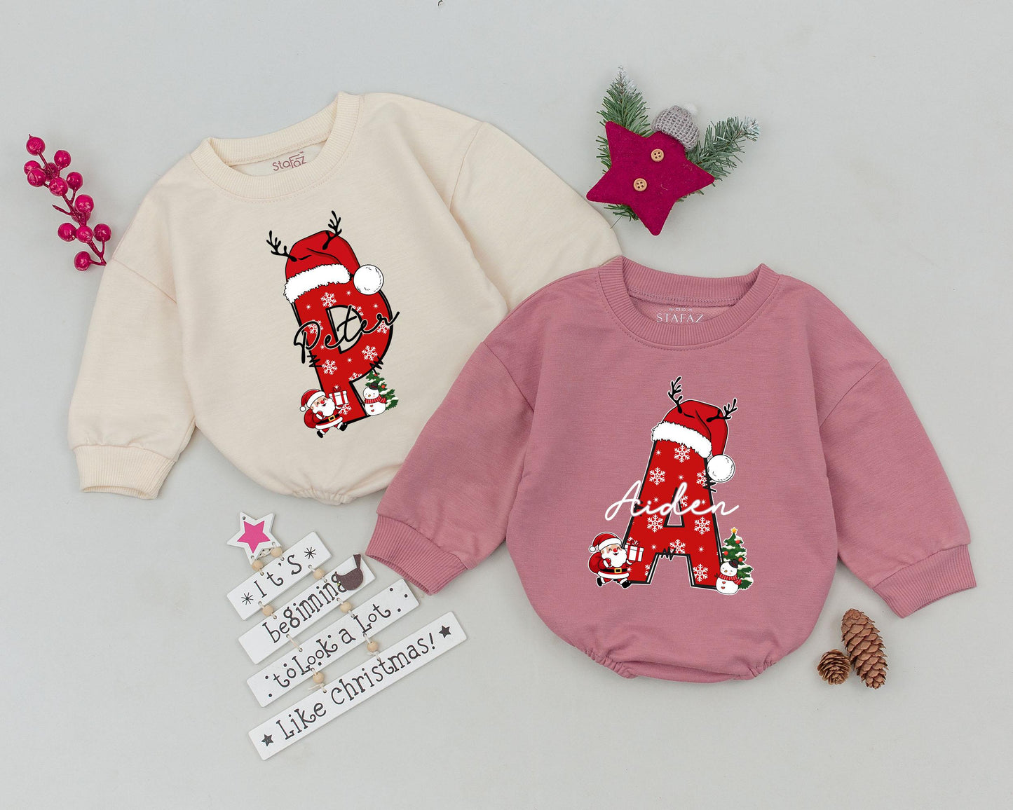Personalized Peter Initial P My First Christmas Baby Romper Festive Red Letter Santa Hat Antlers Snowman Christmas Tree Holiday Outfit Infant Clothing Gift