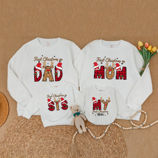 Personalized First Christmas Family Matching Sweaters for Dad Mom Bro Baby with Plaid Antlers Santa Hats & Snowflakes Festive Holiday Outfits