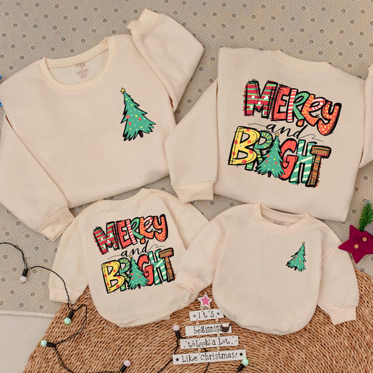 2-Sided Merry and Bright Christmas Sweatshirt for Family Holidays, Cozy Womens Tree & Hand-Drawn Pattern Outfit