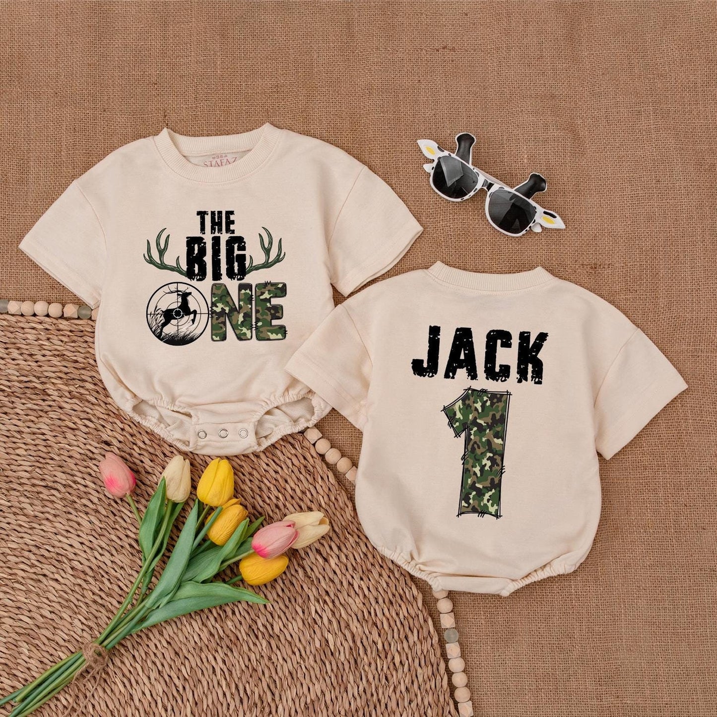 The Big One Hunting Birthday Romper Boys Deer Hunting Baby Bodysuit First Birthday Outfit Wild One 1st Birthday Boys Cotton Comfortable Outdoor Adventure Gift
