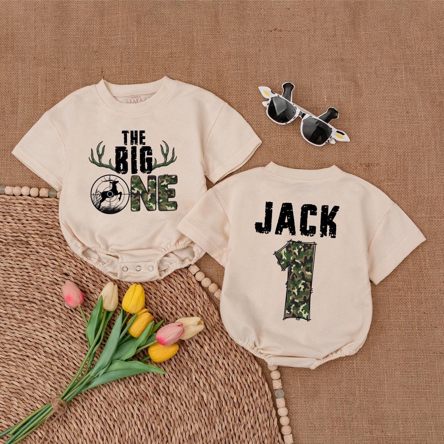 The Big One Hunting Birthday Romper Boys Deer Hunting Baby Bodysuit First Birthday Outfit Wild One 1st Birthday Boys Cotton Comfortable Outdoor Adventure Gift