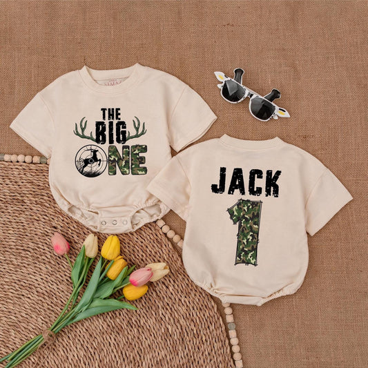 The Big One Hunting Birthday Romper Boys Deer Hunting Baby Bodysuit First Birthday Outfit Wild One 1st Birthday Boys Cotton Comfortable Outdoor Adventure Gift