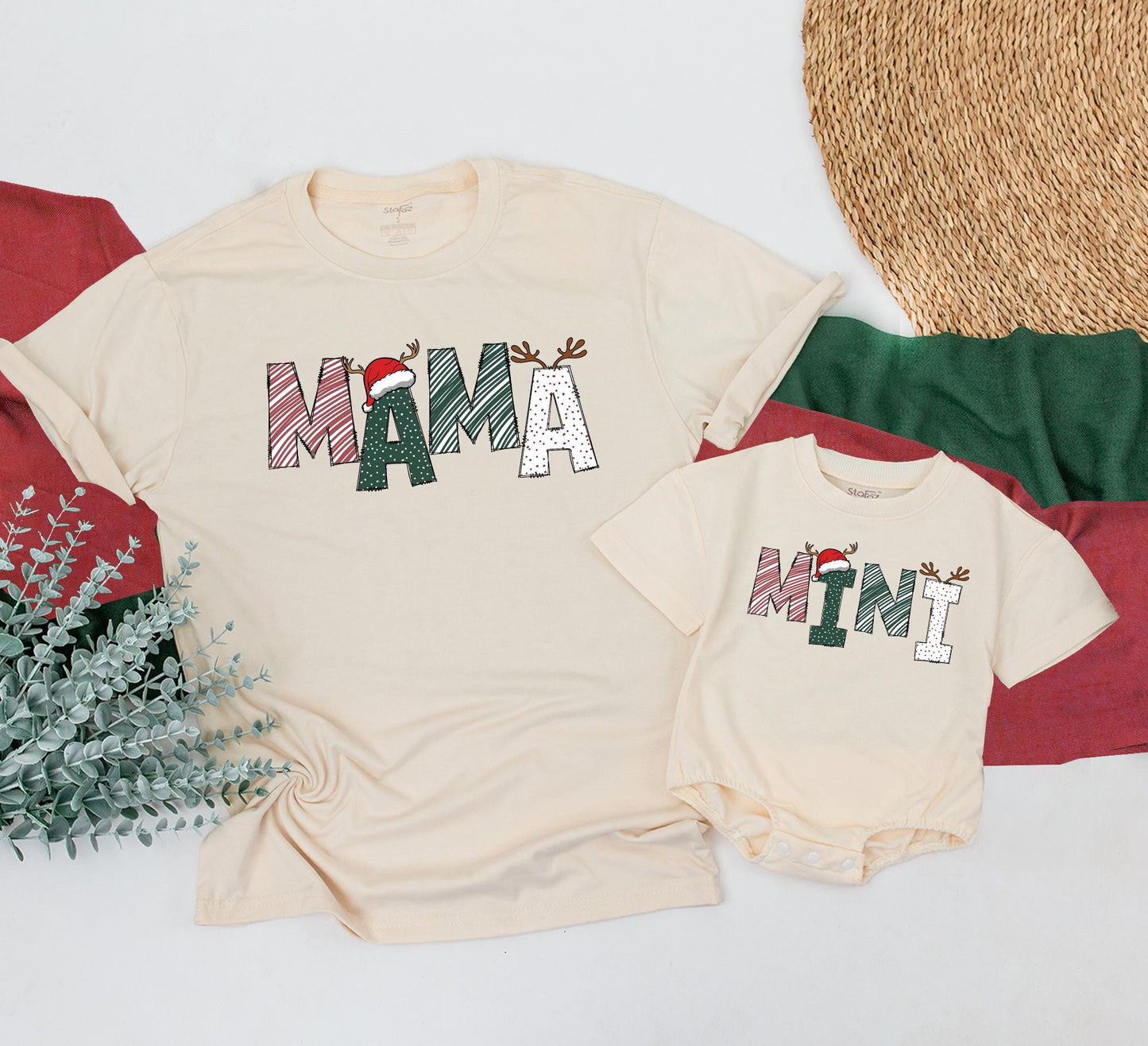 Matching Mama and Mini Christmas Shirts, Festive Holiday Family Outfit, Reindeer Antlers & Santa Hat, Mom and Baby, Year-End Holiday Gift, Winter Outfit