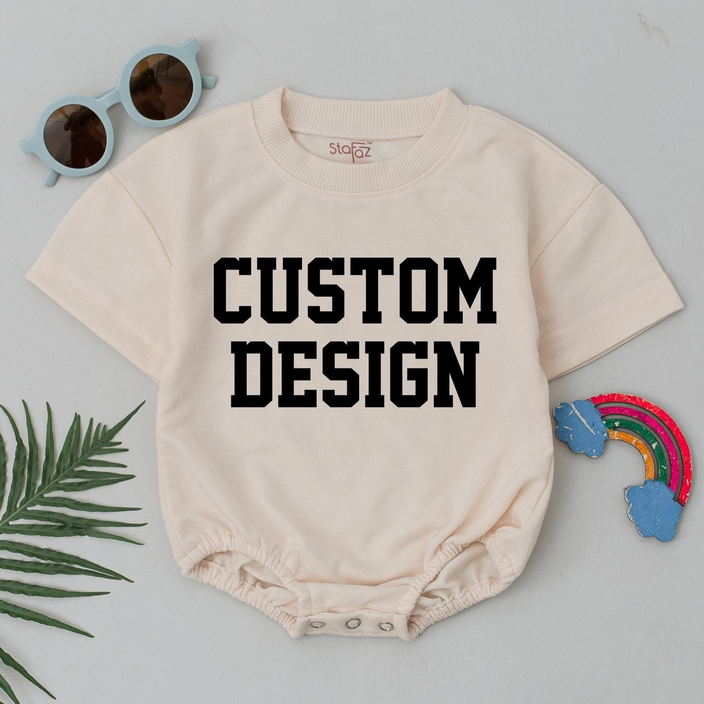 Custom Baby Bubble Romper with Blocky Black 'CUSTOM DESIGN' Print for Girl Boy Birthday Spring Outfit Short Sleeve Natural Cotton