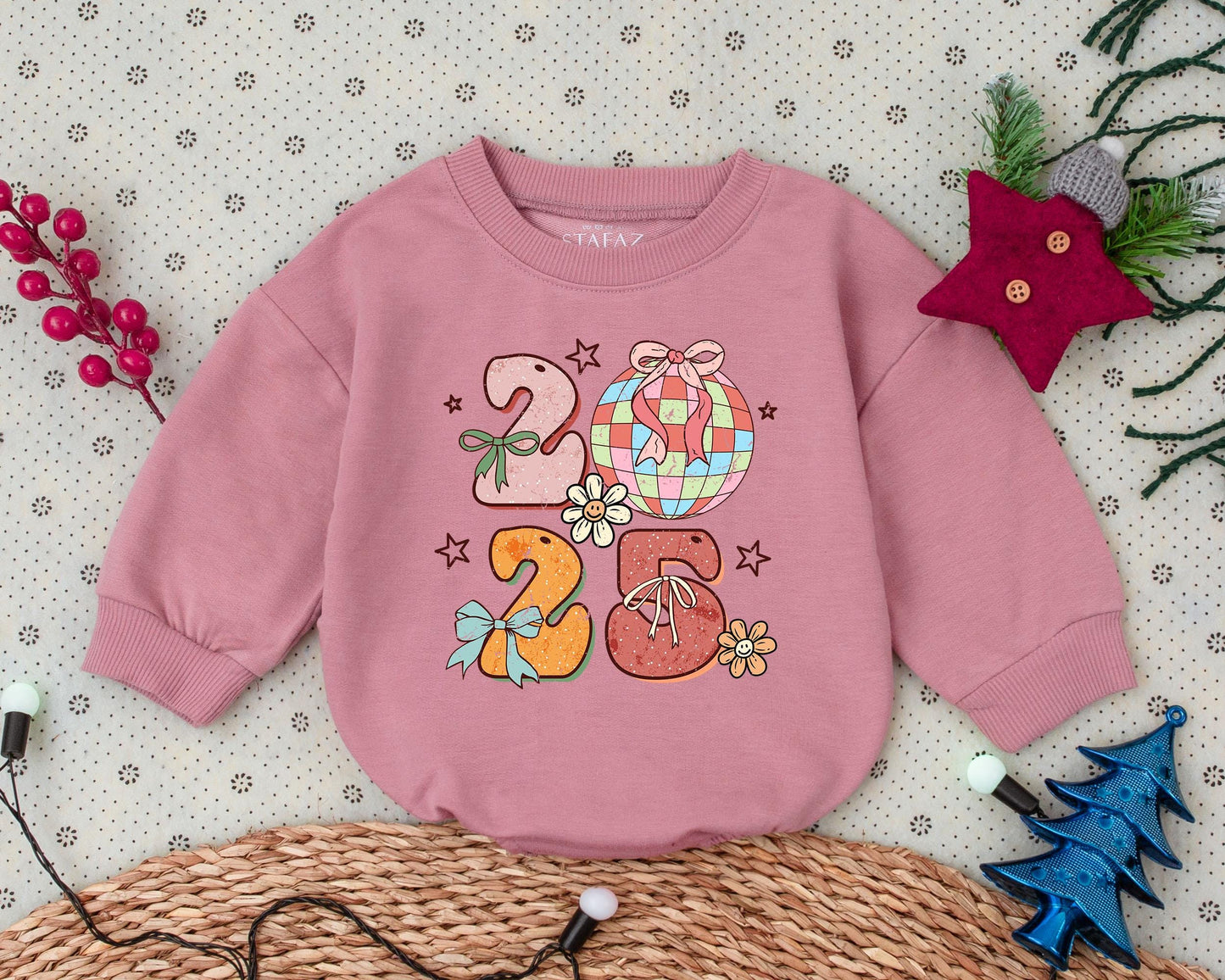 Pink Disco Ball 2025 First Christmas Baby Romper Retro Daisy Star Print Boy Girl Clothes Vintage Bubble Bodysuit Toddler Shower Gift