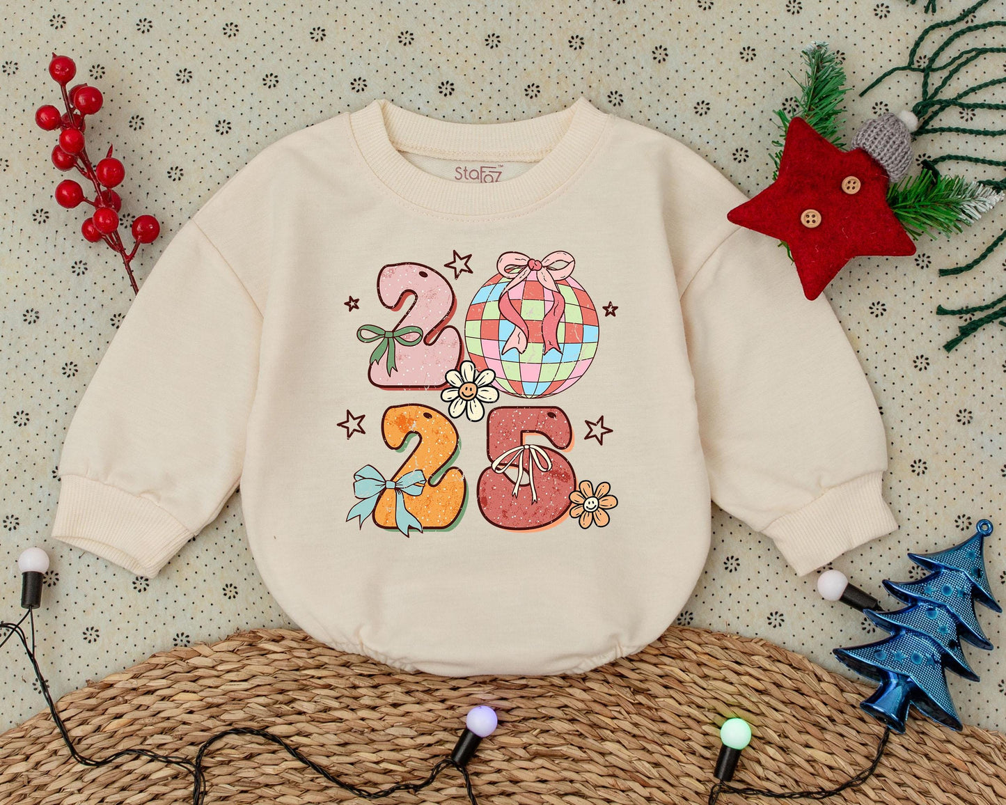 Pink Disco Ball 2025 First Christmas Baby Romper Retro Daisy Star Print Boy Girl Clothes Vintage Bubble Bodysuit Toddler Shower Gift