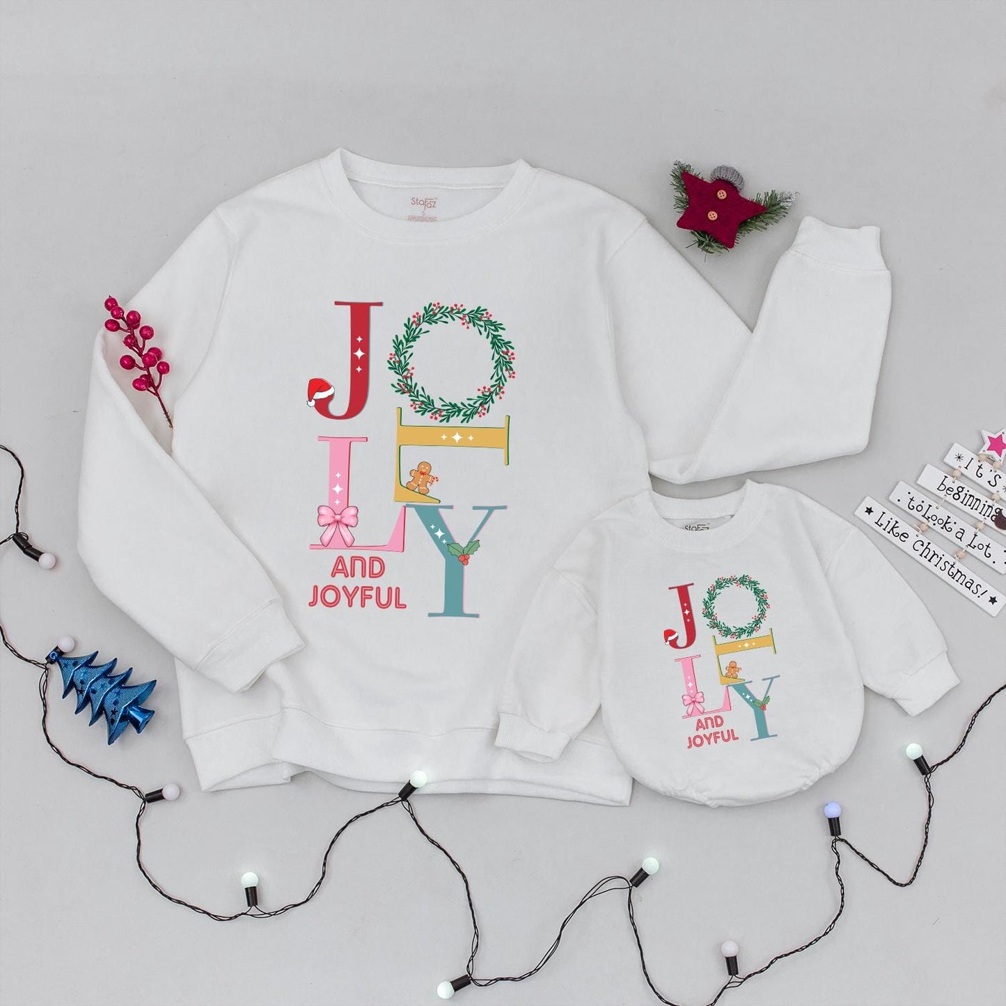 Jolly and Joyful Christmas Sweatshirt Family Matching Outfit, Retro Xmas Crewneck for Women & Kids, Holiday Gift, Fun Winter Sweater, Colorful Jolly Design