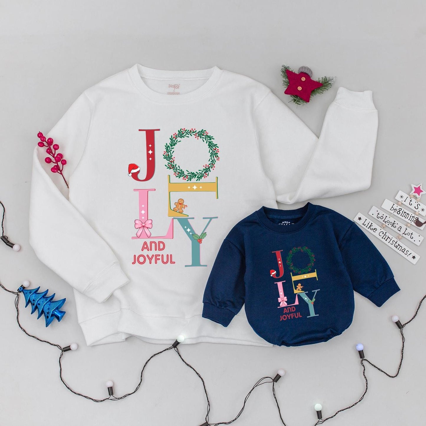 Jolly and Joyful Christmas Sweatshirt Family Matching Outfit, Retro Xmas Crewneck for Women & Kids, Holiday Gift, Fun Winter Sweater, Colorful Jolly Design
