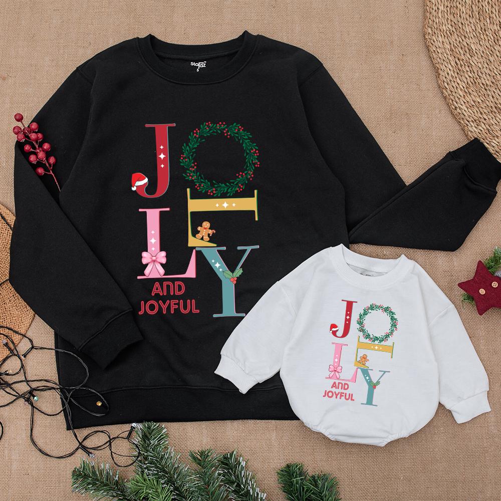 Jolly and Joyful Christmas Sweatshirt Family Matching Outfit, Retro Xmas Crewneck for Women & Kids, Holiday Gift, Fun Winter Sweater, Colorful Jolly Design