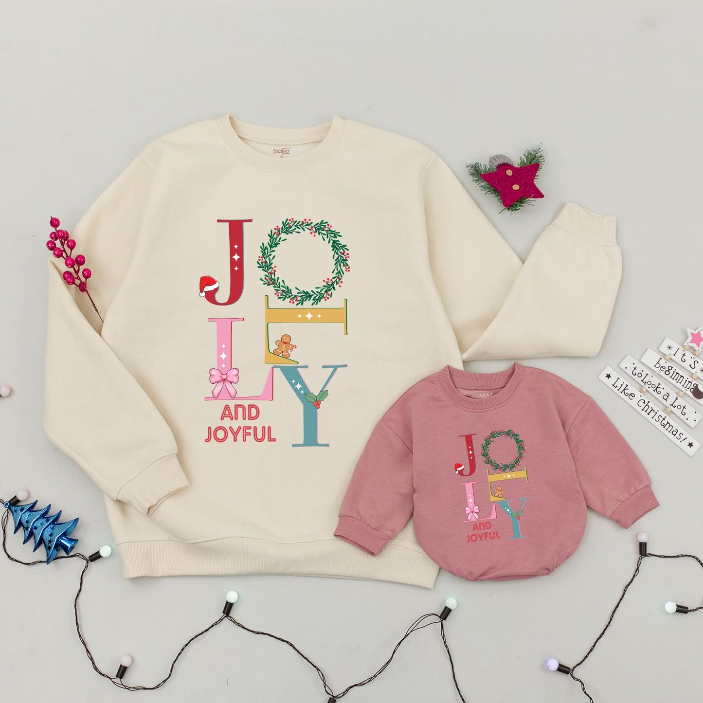 Jolly and Joyful Christmas Sweatshirt Family Matching Outfit, Retro Xmas Crewneck for Women & Kids, Holiday Gift, Fun Winter Sweater, Colorful Jolly Design