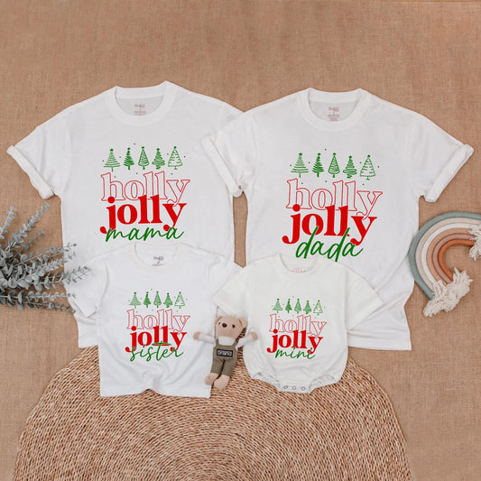 Holly Jolly Family Christmas Shirts with Retro Green Trees for Matching Mama Dada Sister Mini Outfits Holiday Fun First Christmas