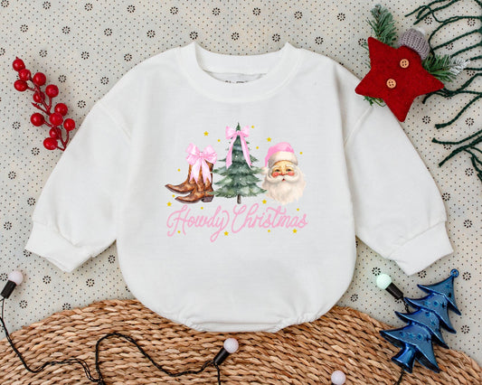 Howdy Christmas Baby Romper Western Pink Christmas Tree Design First Christmas Clothes Toddler Sweatshirt Baby Shower Gift Retro Whimsical Outfit